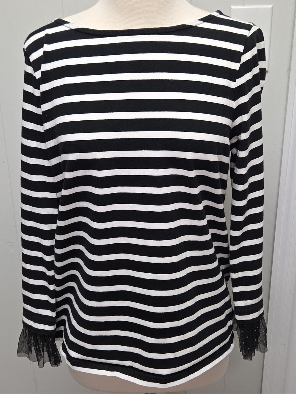 J Crew Women Top Black & White Striped Tulle Blouse Medium
